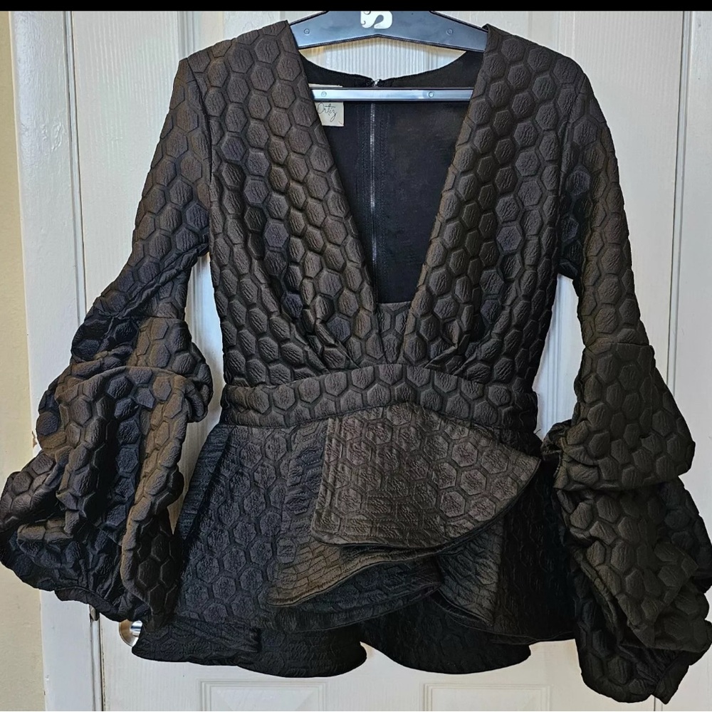 Johanna Ortiz Black Asymmetrical Peplum Blouse with Bell Sleeves